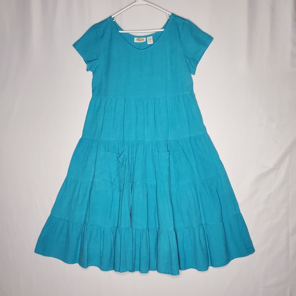 Collections Etc Turquoise Tiered Maxi Dress‎ Linen Blend Pockets Size M